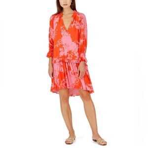 New Caballero Coral Pink Fae Ruffle Floral Dress Size Large